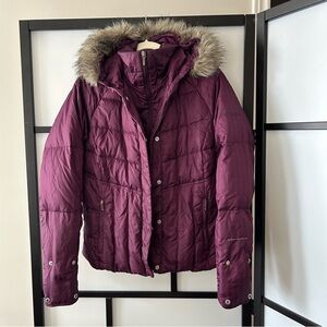 [M] Columbia Winter Plum Purple Feather Down Puffer Coat w/ Faux Fur Trim Hood
